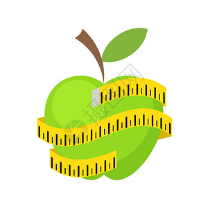 未经加工的新鲜度配有绿苹果和黄测量带鱼矢说明的饮食概念海报插画