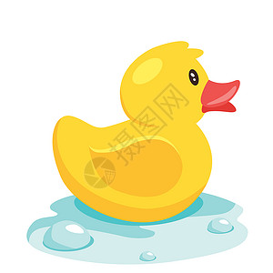 黄色卡通气泡蓝色水中的黄可爱卡通漫画橡胶浴鸭矢量插图背景