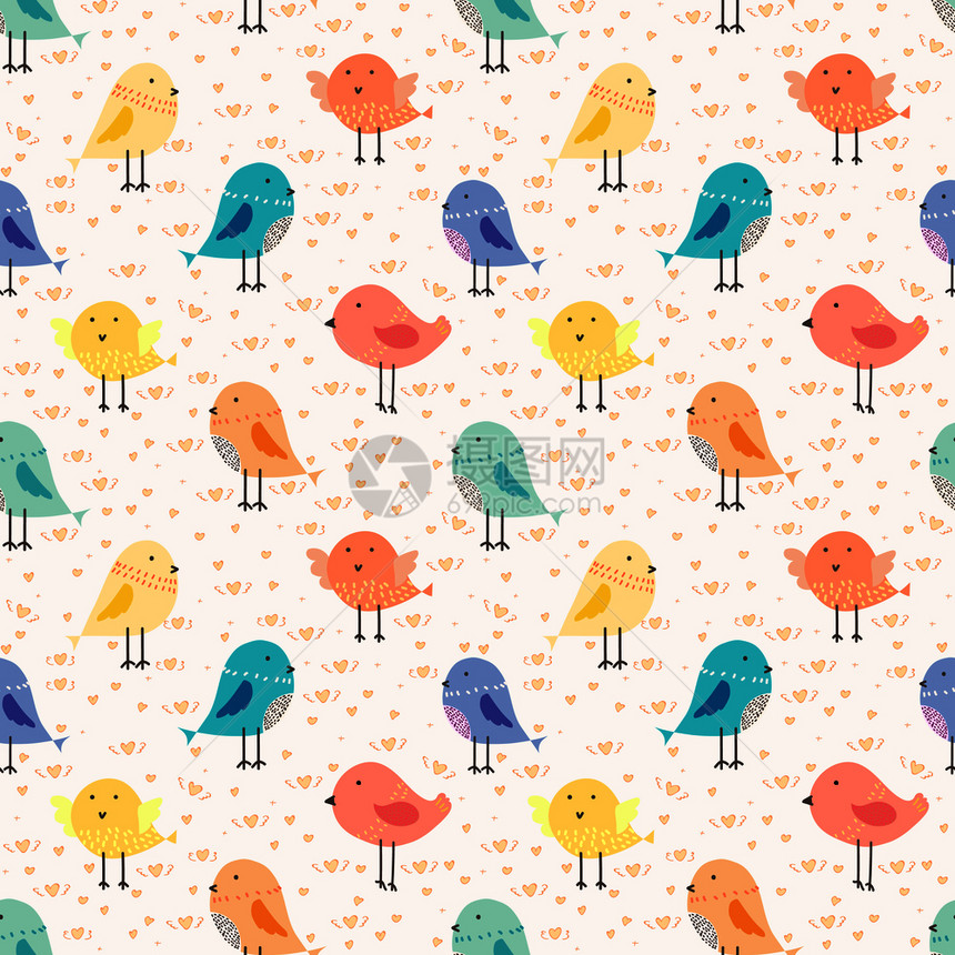 可爱鸟无缝图案背景用于织物和礼品包装纸设计的矢量图解图片