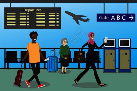 美国机场机场有手提箱和袋的漫画人离境板和门牌摄像师插图机场有手提箱和袋的漫画人插画