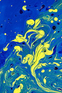 蓝色抽象画蓝色和黄抽象手画背景液体丙烯涂料当代艺术概念多色抽象画背景带有大理石纹背景