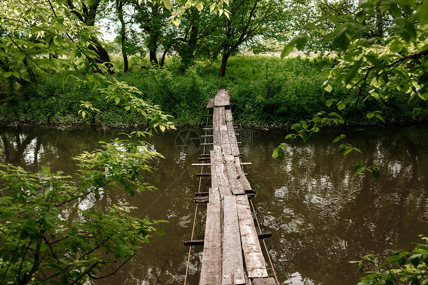 一座小木桥在绿色公园的温和溪流上图片