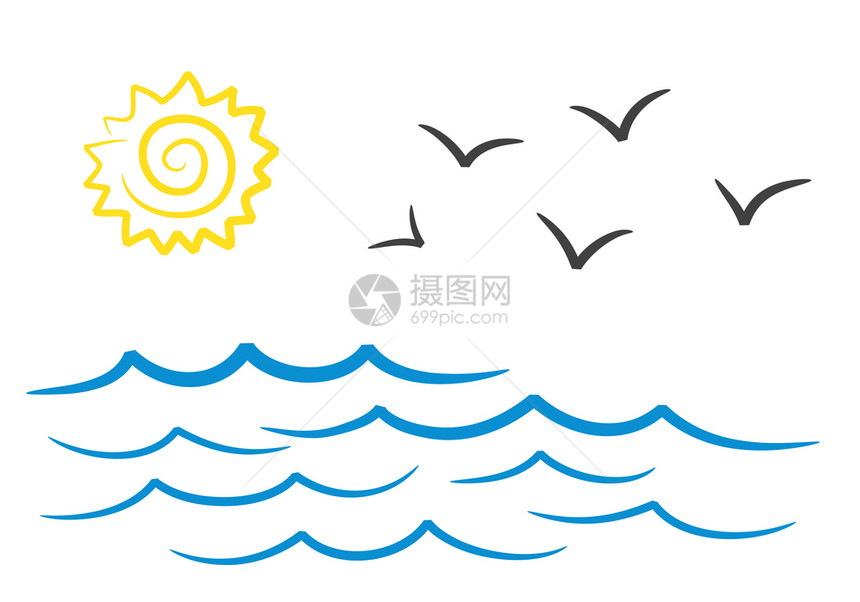 太阳和海鸥极简手绘插图图片