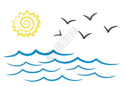 太阳和海鸥极简手绘插图图片