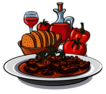 土豆炖豆角手绘美食红酒卡通矢量插图插画