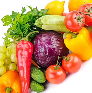 以白色背景隔离的水果和蔬菜杂类有机健康食品图片