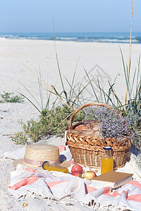 夏天在海边野餐篮子带面包苹果和汁图片