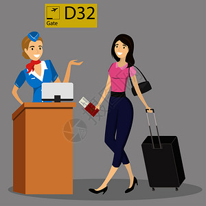 美女机场接机携带手提箱和袋子在机场出发行走门牌号码和机舱组人员行走的卡通causin女乘客在机场拉着手提箱的美女矢量说明带手提箱和袋行走的卡插画