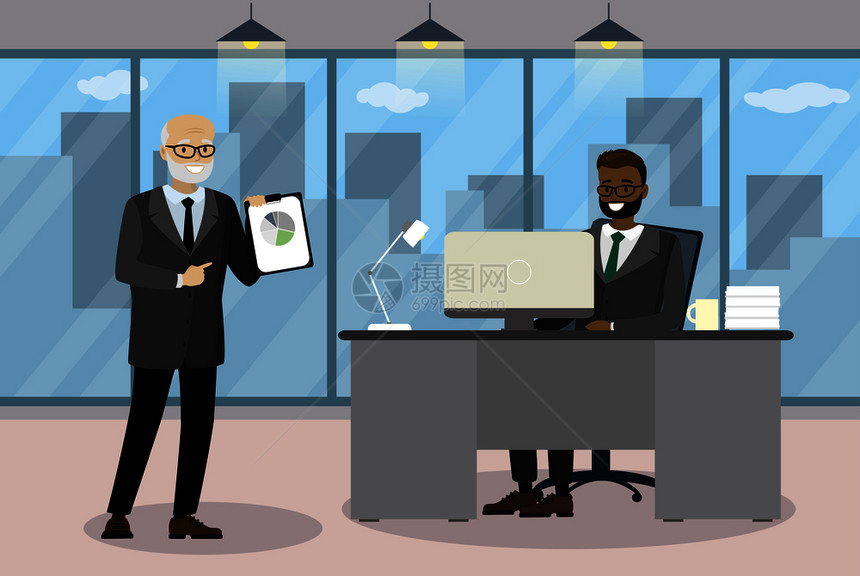 两个卡通商人在现代办公室交流成功的概念气压矢量图两个卡通商人在现代办公室交流图片