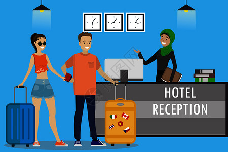 迪拜人咖啡馆游客在接待台站着旅行招待酒店预订概念卡通平方矢量图插画