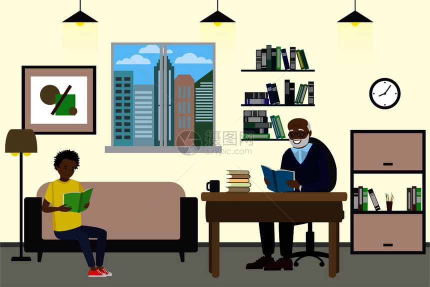 African美洲青少年和祖父阅读书籍用家具设计室内用气压矢量插图图片