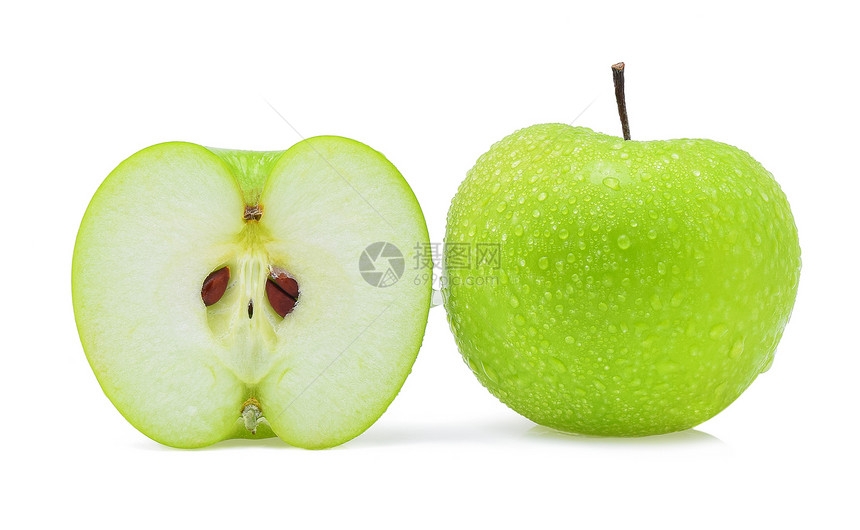 白色背景的绿苹果水滴图片