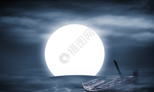 满月之夜沉船幻想概念图片