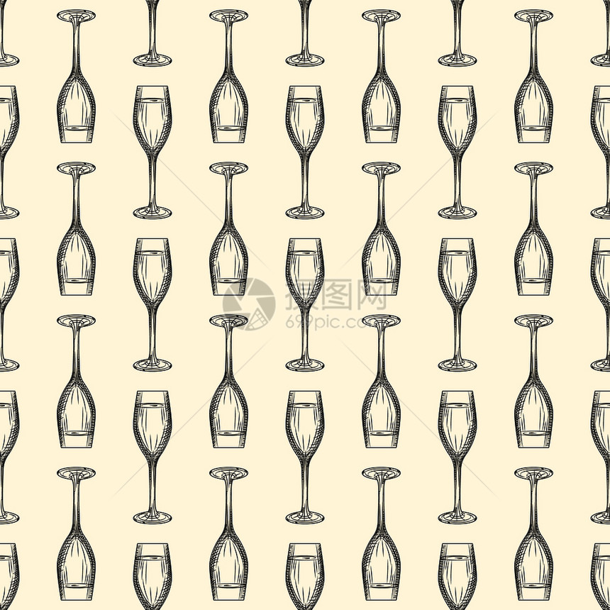 长笛玻璃手画满香槟玻璃素描闪亮的酒杯雕刻风格织物设计纺品印刷包装纸矢量说明手画满香槟玻璃素描图片