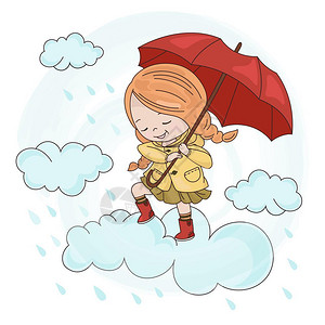 下雨打伞的小女孩矢量插图图片