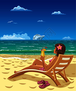 泳装性感女孩手拿饮料女孩坐在沙滩的休息椅喝饮料插画