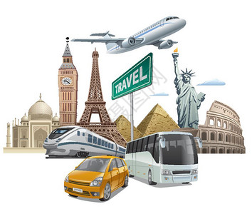 旅游证件世界各地各种交通工具旅行图插画