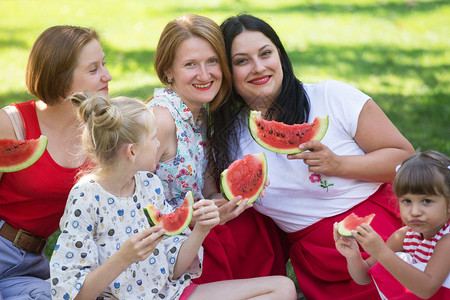 与西瓜一起野餐快乐的夏季和明亮家庭野餐图片