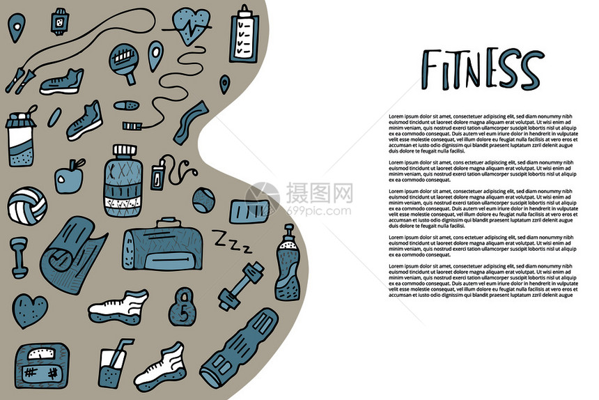 运动工具涂鸦风格的符号健身矢量概念海报横幅贺卡印刷孤立符号图片