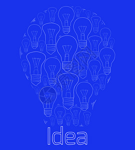 灯泡的轮廓图示以蓝色背景上的大型灯泡形式想法用于设计的矢量元素灯泡的轮廓图示蓝色背景上的大型灯泡插画