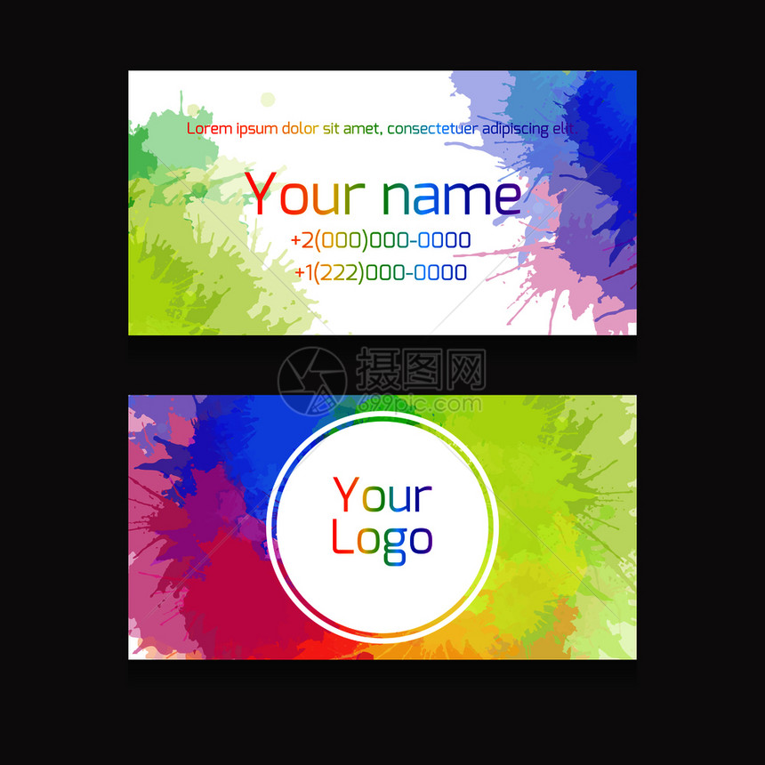 带有彩虹水色斑点的双向商务卡矢量模板型用于艺术家画和设计的人元素图片