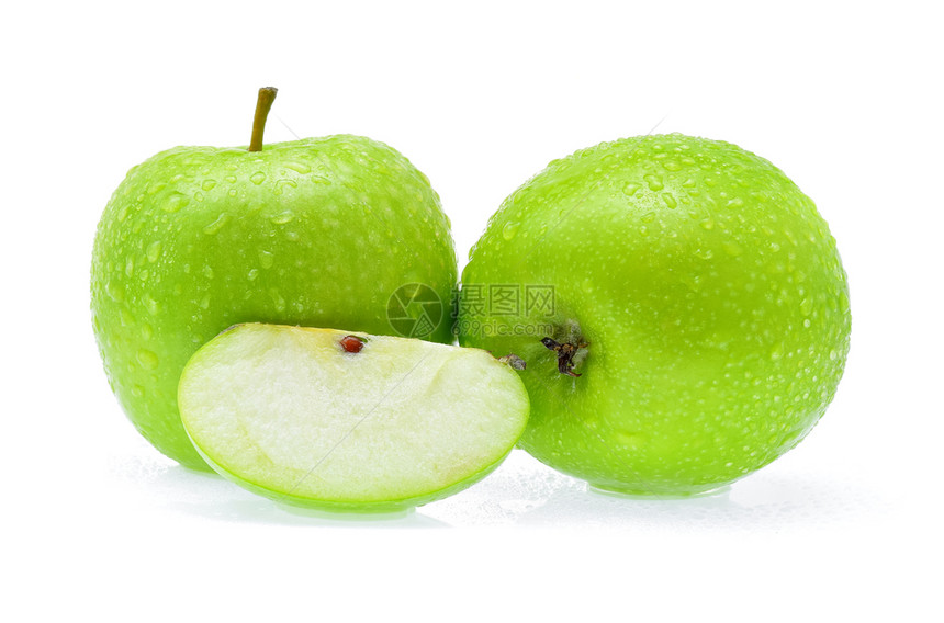 绿色苹果白底带一滴水图片