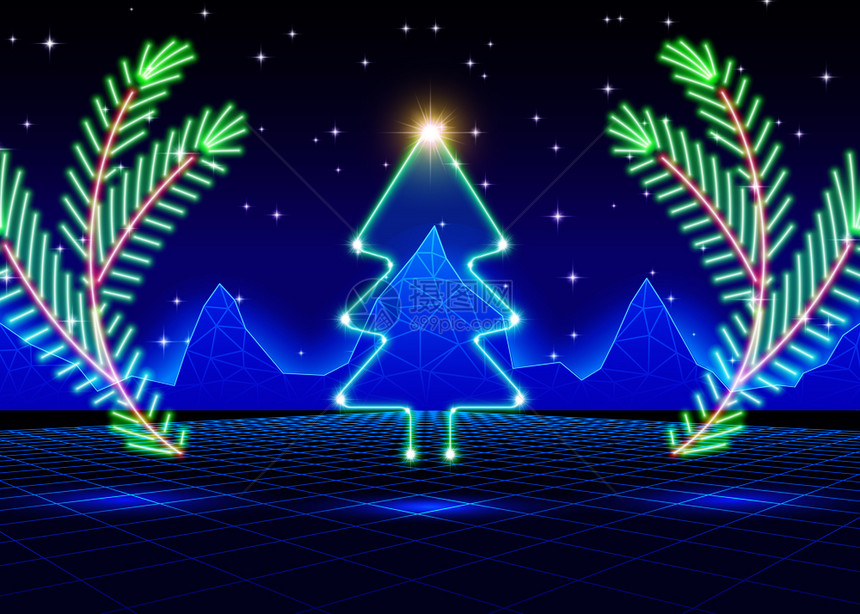戴有荧光树和80年代计算机背景的圣诞节卡图片