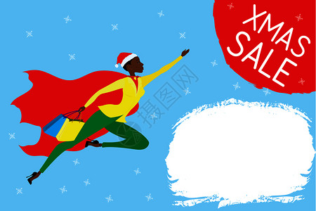 地方英雄Africanrpi美洲超级女有红色斗篷和购物袋的超级女飞来进行Xmas销售折扣模板文本位置Victor插图插画
