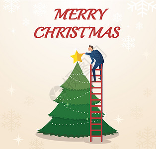 一名商人持有颗带圣诞树和文字背景矢量插图空间的恒星图片