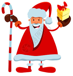 漫画插图搞笑的圣天禁闭字符与袋装圣诞礼物现时和甘蔗图片