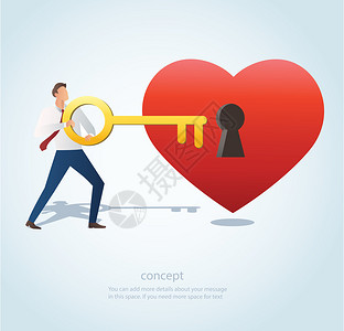 情人锁男人拿着大钥匙上面有红心矢量插图的钥匙孔插画