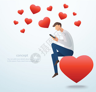 爱的电话男人拿着智能手机坐在红心上设计图片