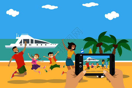 卡通幸福的家庭在海滩上跳跃拍照矢量插图图片