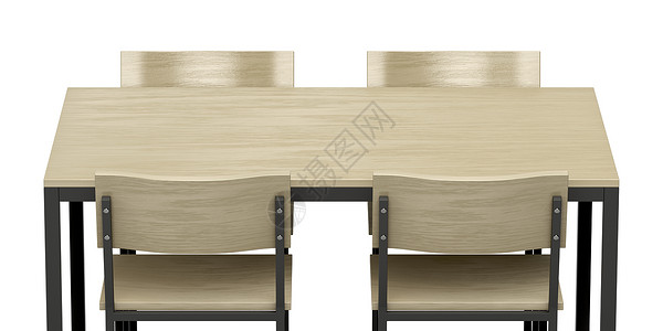 白色背景的木制餐桌和四张椅子图片