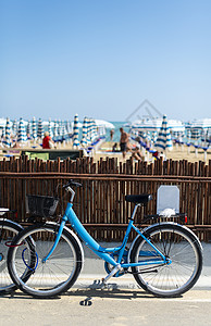 在海滩上租自行车在街上租蓝色自行车有很多海滩雨伞图片