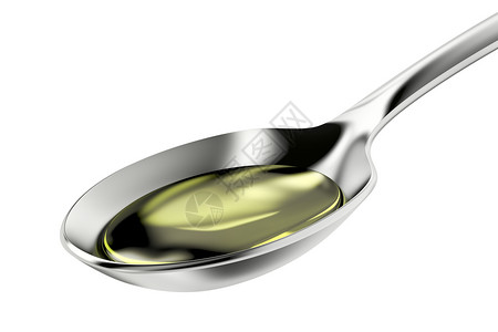 白底绝缘带有额外处方橄榄油的银勺子图片