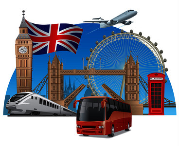 旅游王国英格兰和伦敦火车飞机公共汽车说明图插画