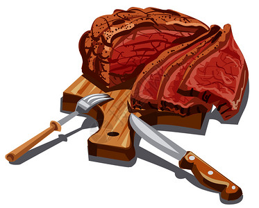 叉牛排在木板上制成的肉切火腿插画