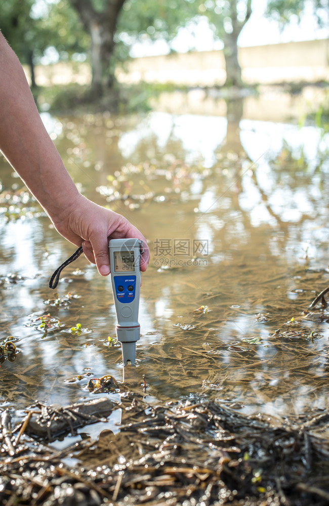 用数字设备测量水含日出在水上ph米计图片