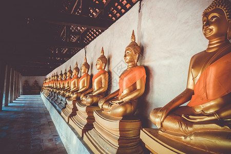 普拉格泰国大城府菩萨寺的金佛像泰国大城府佛寺黄金佛像背景