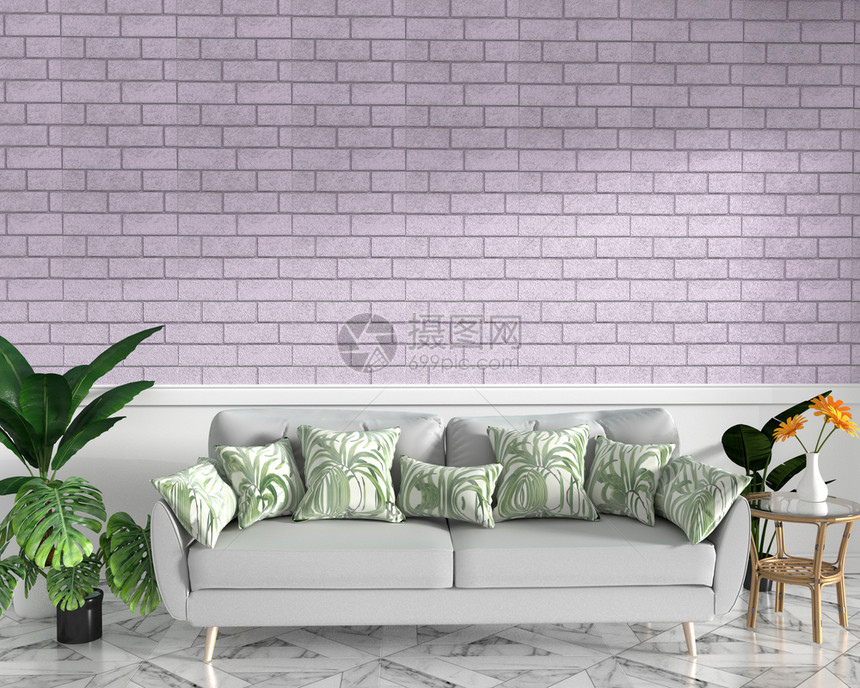 在花岗岩层3d的花岗岩地板上用沙发装饰品和粉红色砖墙制成的热带内阁楼装饰和粉红色砖墙图片