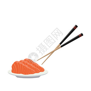 鱼盘盘子上的三文鱼片插画
