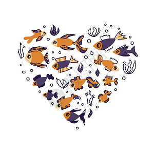 手绘卡通鱼组成的心形图片
