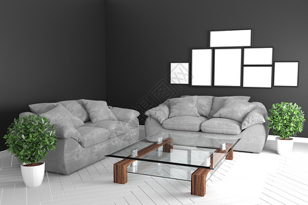 黑色沙发和墙地面白色板上的植物现代热带风格概念图片