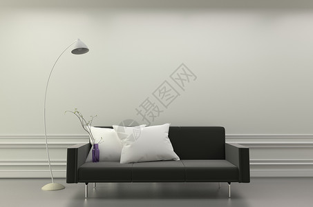 室内现代客厅黑色沙发白枕头和灯白色优雅风格的房间图片