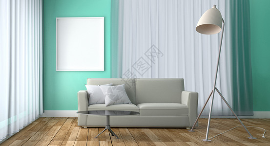 室内设计带有沙发桌灯和架子的绿色薄荷风格墙壁背景的木地板图片