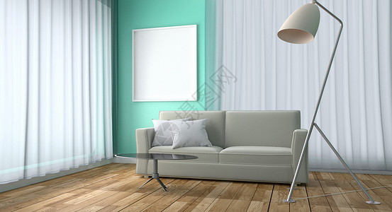 室内设计带有沙发桌灯和架子的绿色薄荷风格墙壁背景的木地板图片