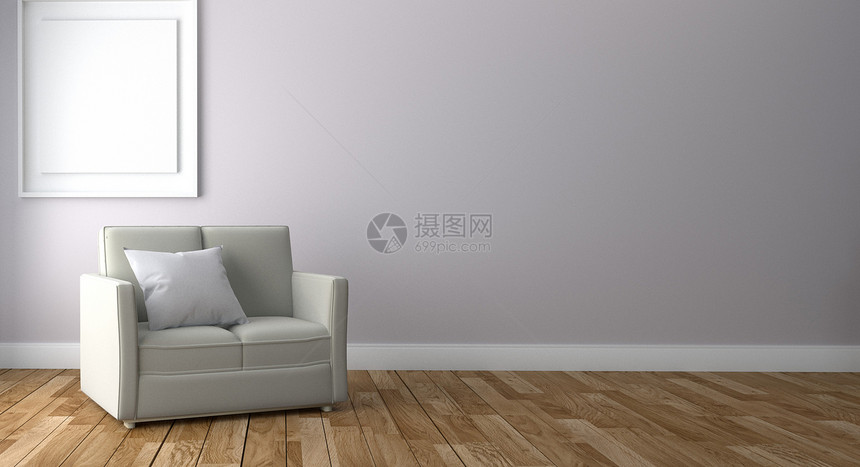 室内有沙发和架子的起居室内客厅空白色墙壁背景的木地板3D图片