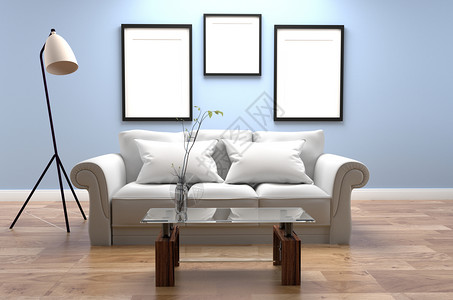 室内现代起居蓝色风格和木制地板框架在浅蓝色墙底的壁背景上玻璃桌有沙发和枕头灯花瓶的房间3d背景图片
