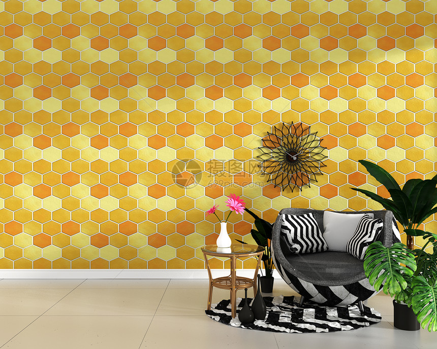 六边黄色和橙纹质壁背景最小设计3D图片